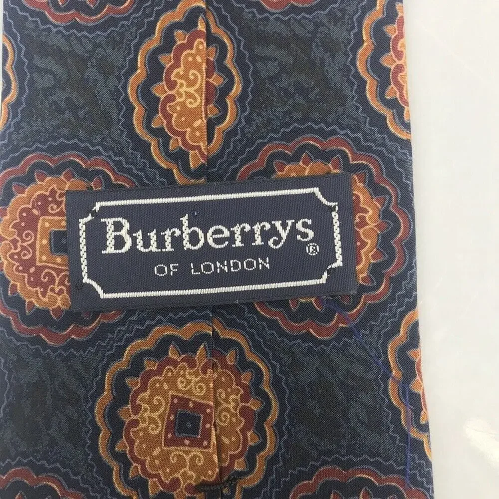 Burberrys Of London Tie Mens Silk Blue Orange Red Print Neck Tie Career Church